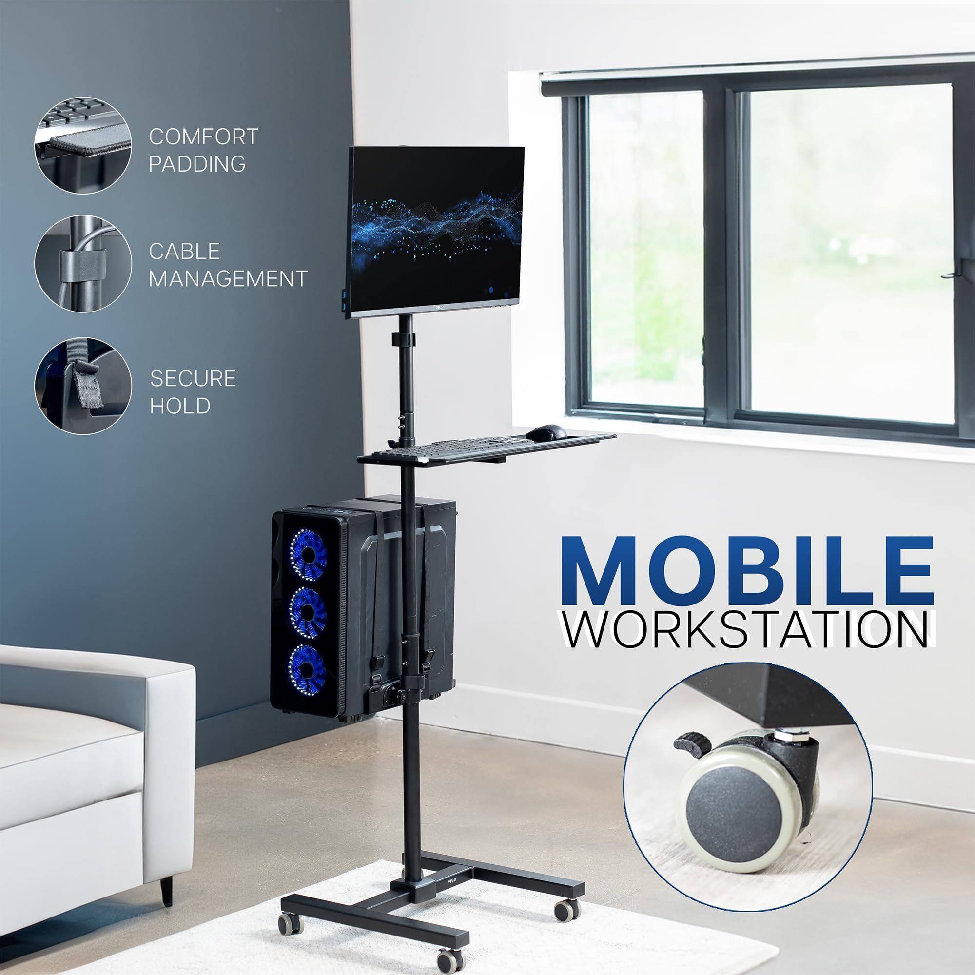 VIVO Black Computer Mobile Cart Rolling Stand | Adjustable Monitor Mount 32" Case Holder & Keyboard Tray Moving Workstation (CART-PC02T)