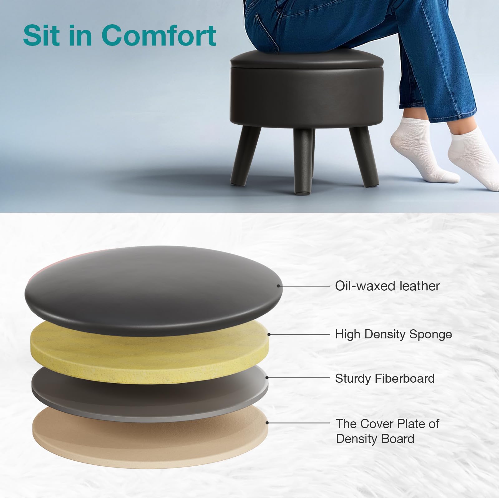 BRIAN & DANY Footstool with Storage, Small Storage Ottoman, Faux Leather Round Stool with Lid, Foot Stool with Legs for Living Room Entryway, Black