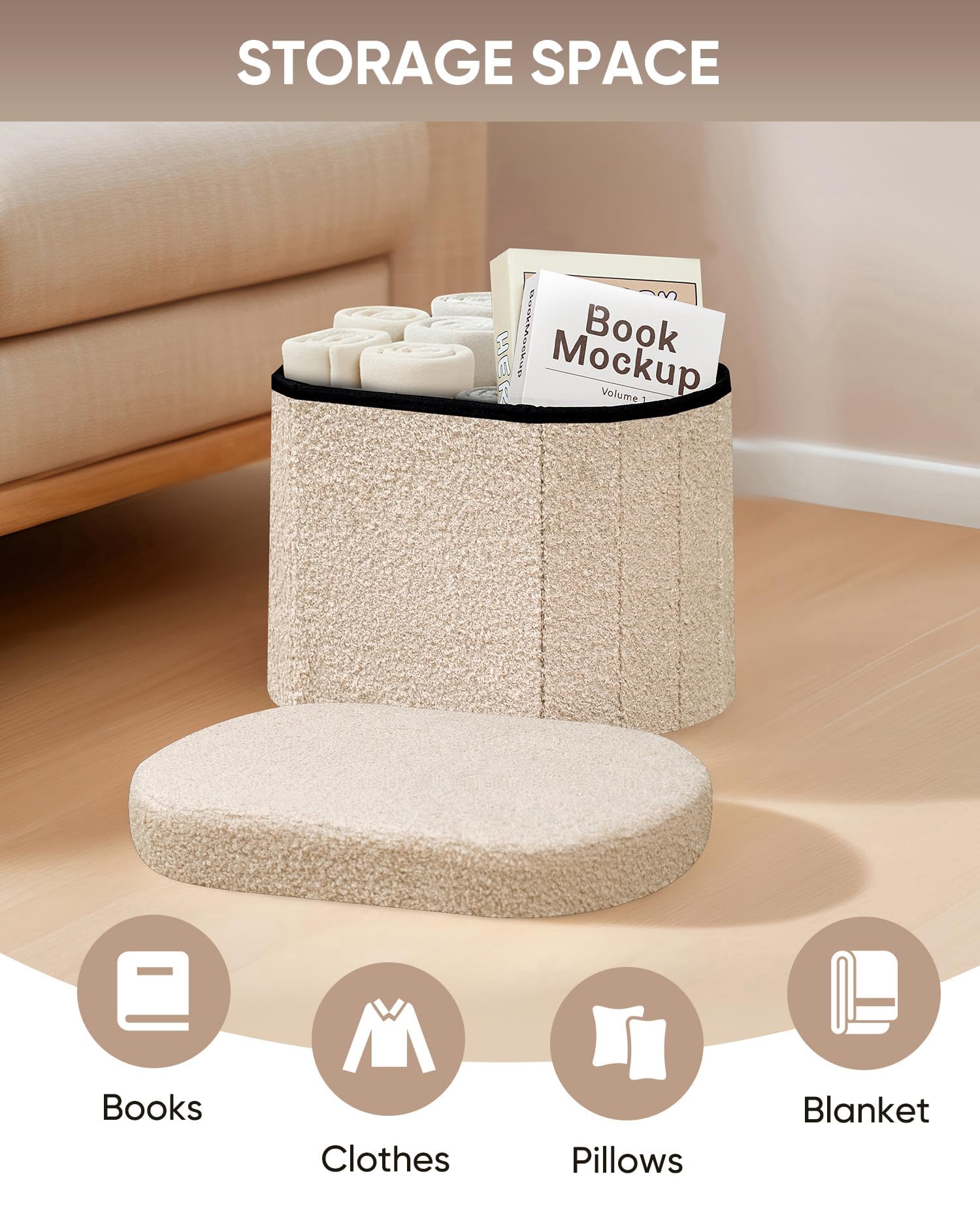 Bonlife Small Ottoman Storage Stool, Folding Boucle Footstool with Lid,41cm