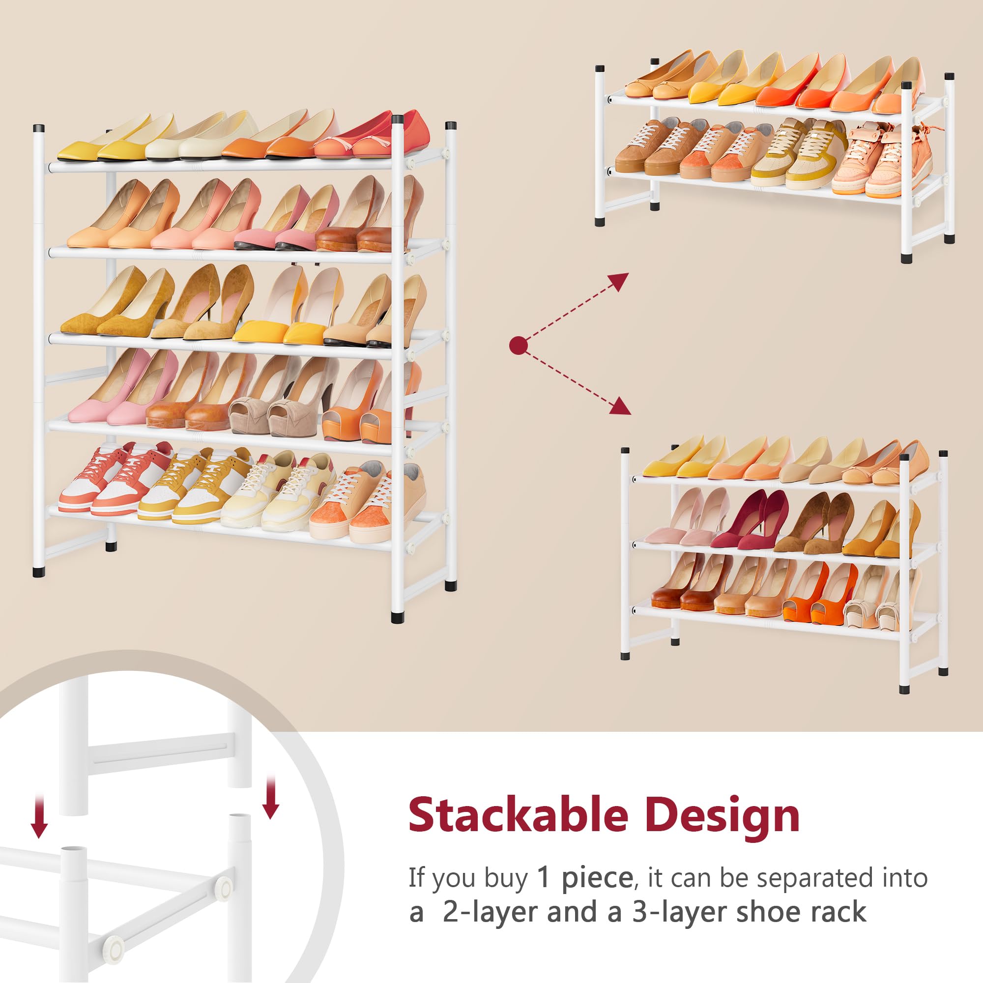 Tajsoon Expandable Shoe Rack for Closet 5 Tier, 71-105 cm Stackable, White