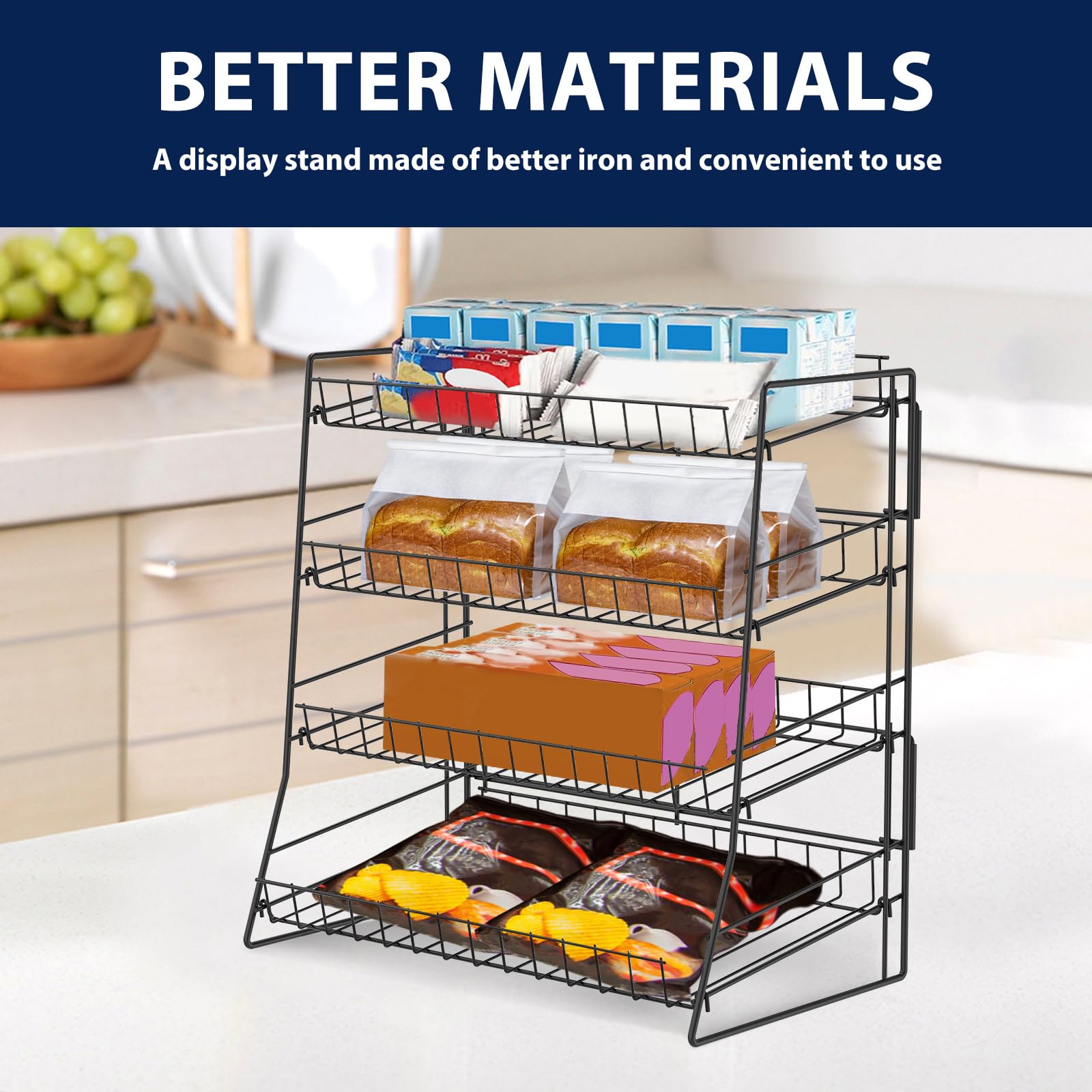 4 Tier Candy Display Rack, Metal Snack Rack Display Stand, Countertop Organiser Shelf for Packaged Crisps & Fruits