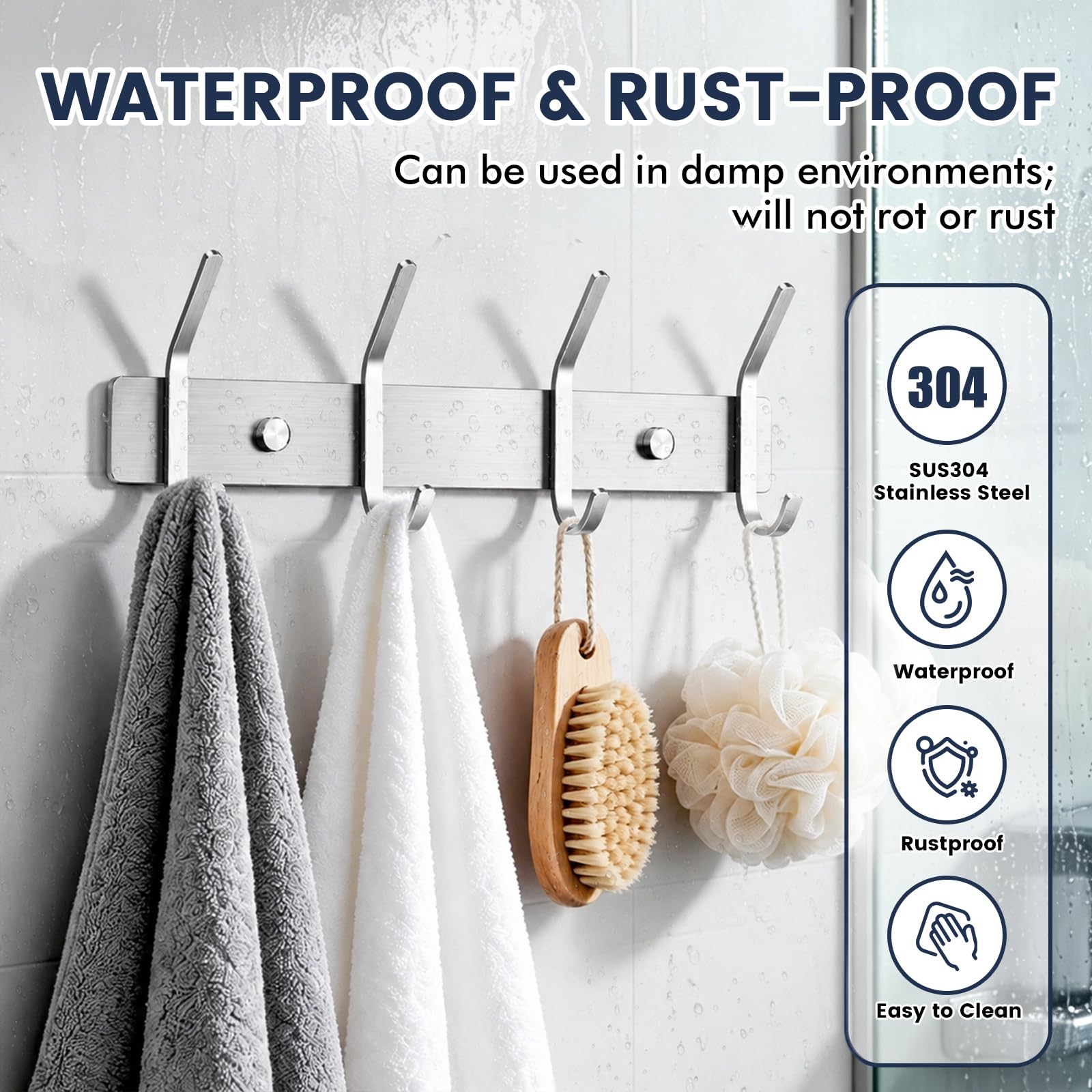 TINIFO Coat Hooks Wall Mounted - Stainless Steel Coat Rack 4 Hook (2 Pack), Silver