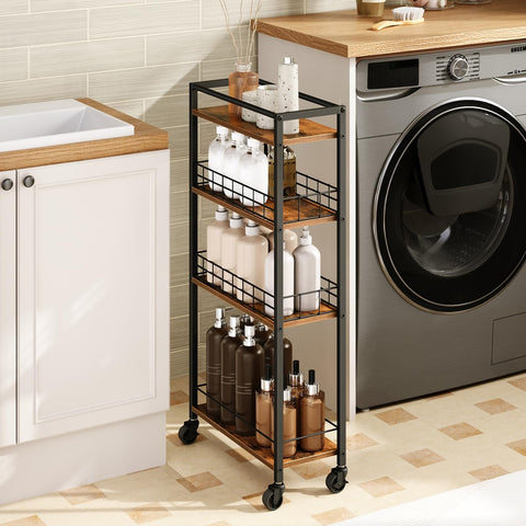 HOOBRO 4-Tier Slim Kitchen Storage Cart, Narrow Rolling Cart for Small Space, Versatile Serving Trolley on Wheels, for Kitchen, Dining Room