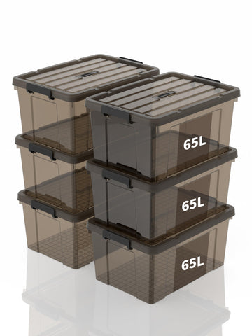 SpaceXpert Storage Boxes with Lid 65L, Plastic Storage Box with Handle, Stackable Container for Home Office Garage Accessories, Hand-Carryable Bin