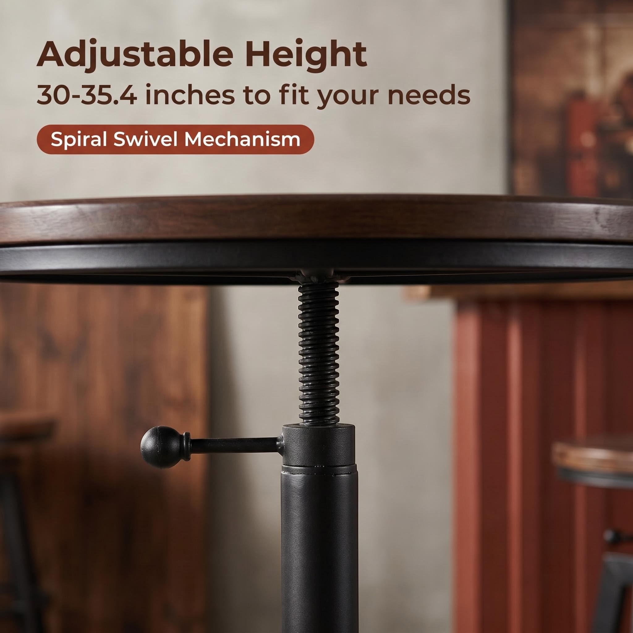 BOKKOLIK Vintage Bar Table 30-35.4inch Height Adjustable Industrial Bistro Table Retro Dinning Table for Kitchen Coffee House Pub Swivel Wooden Top
