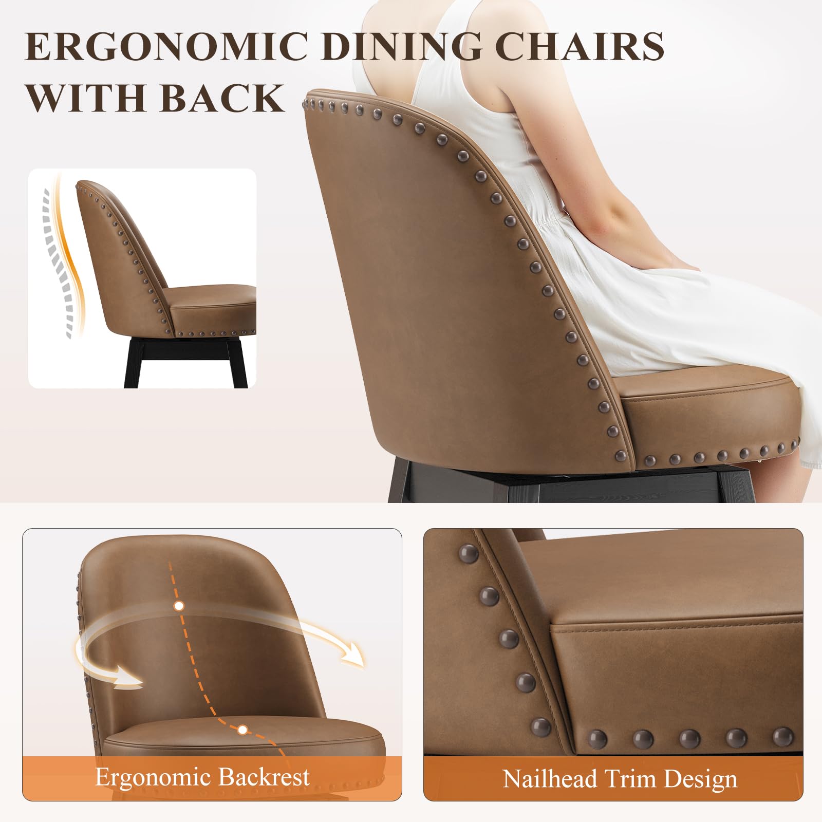 Bar Stools Set of 6, 360° Swivel Counter Stools with Upholstered Seat, Wooden Frame & Nailhead Trim