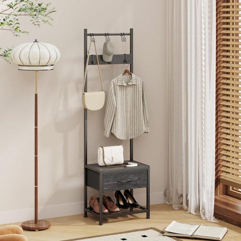 Narrow Coat Rack rustic Hall Tree 17.7"x12"x60.7" Black Wood Veins