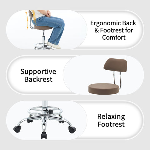 FIRAVOE Adjustable Rolling Office Stool with Backrest and Footrest, Massage Drafting Chair 49.5–67.6 cm Height