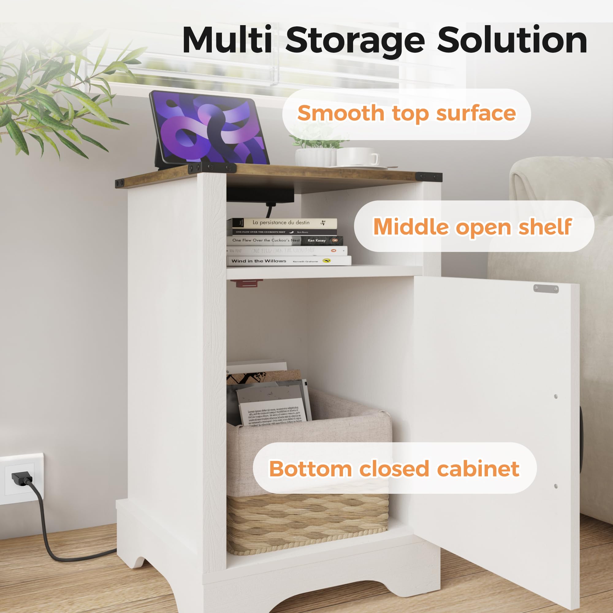 SUNVIVI Bedside Table with Charging Station, 2 AC Outlets & 2 USB Ports, Farmhouse Side Table with X-Design Storage Shelf
