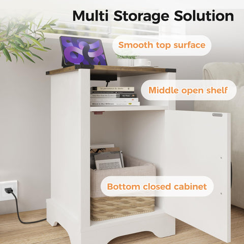 SUNVIVI Bedside Table with Charging Station, 2 AC Outlets & 2 USB Ports, Farmhouse Side Table with X-Design Storage Shelf