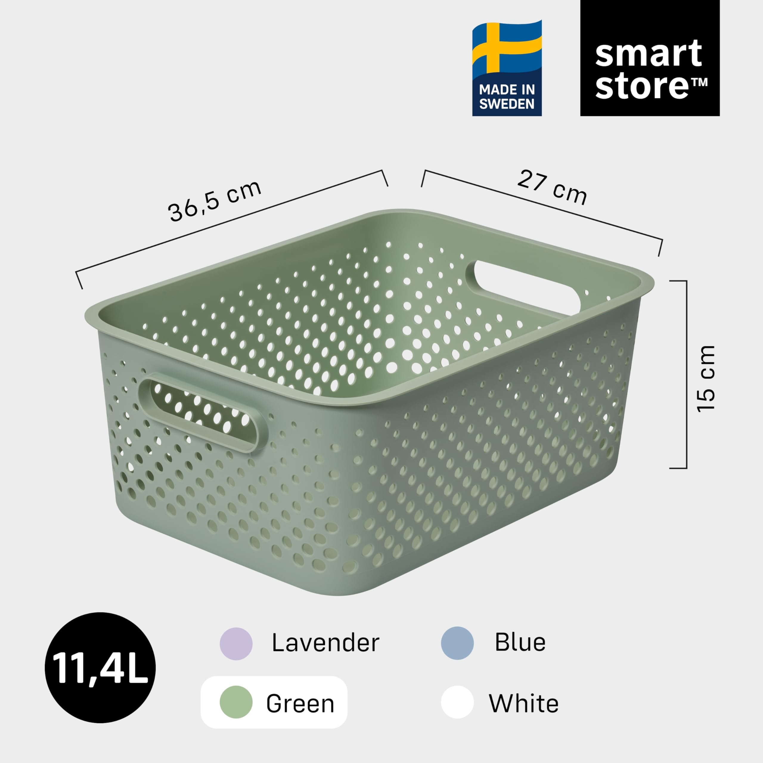 SmartStore Storage Basket with Handles in Green 11.4L (36.5x27x15cm) | Plastic Storage Bin from Recycled Plastic
