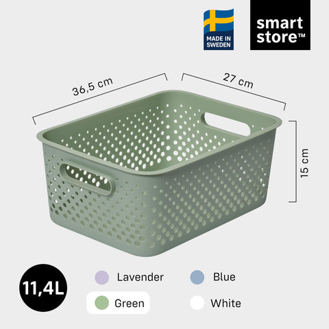 SmartStore Storage Basket with Handles in Green 11.4L (36.5x27x15cm) | Plastic Storage Bin from Recycled Plastic
