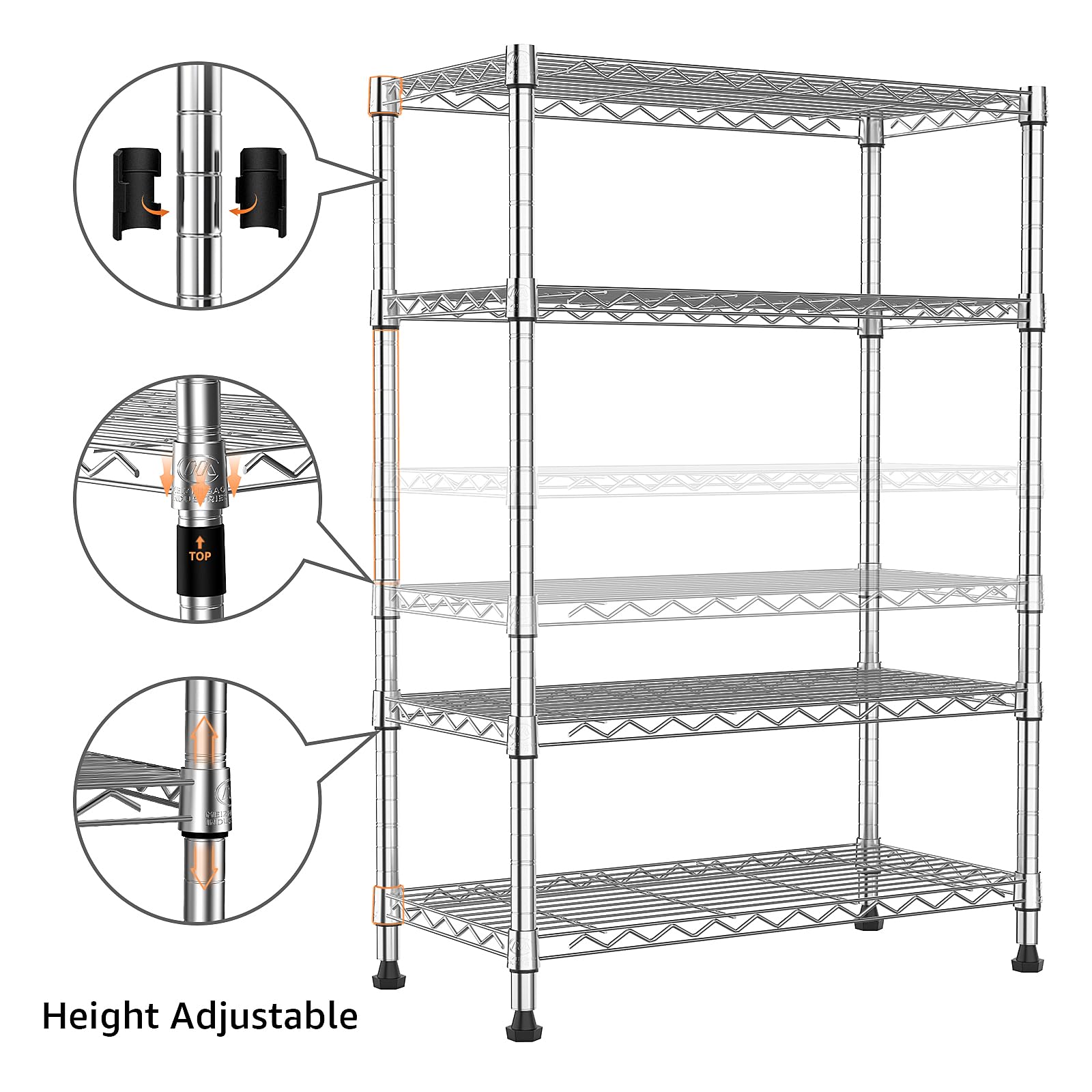 M MZG Height Adjustable Shelves,Heavy Duty Wire Pantry Shelving for Tool Sheds, Garage, and Storehouse,Metal,Chrome,4 tier,35 x 75 x 120 cm
