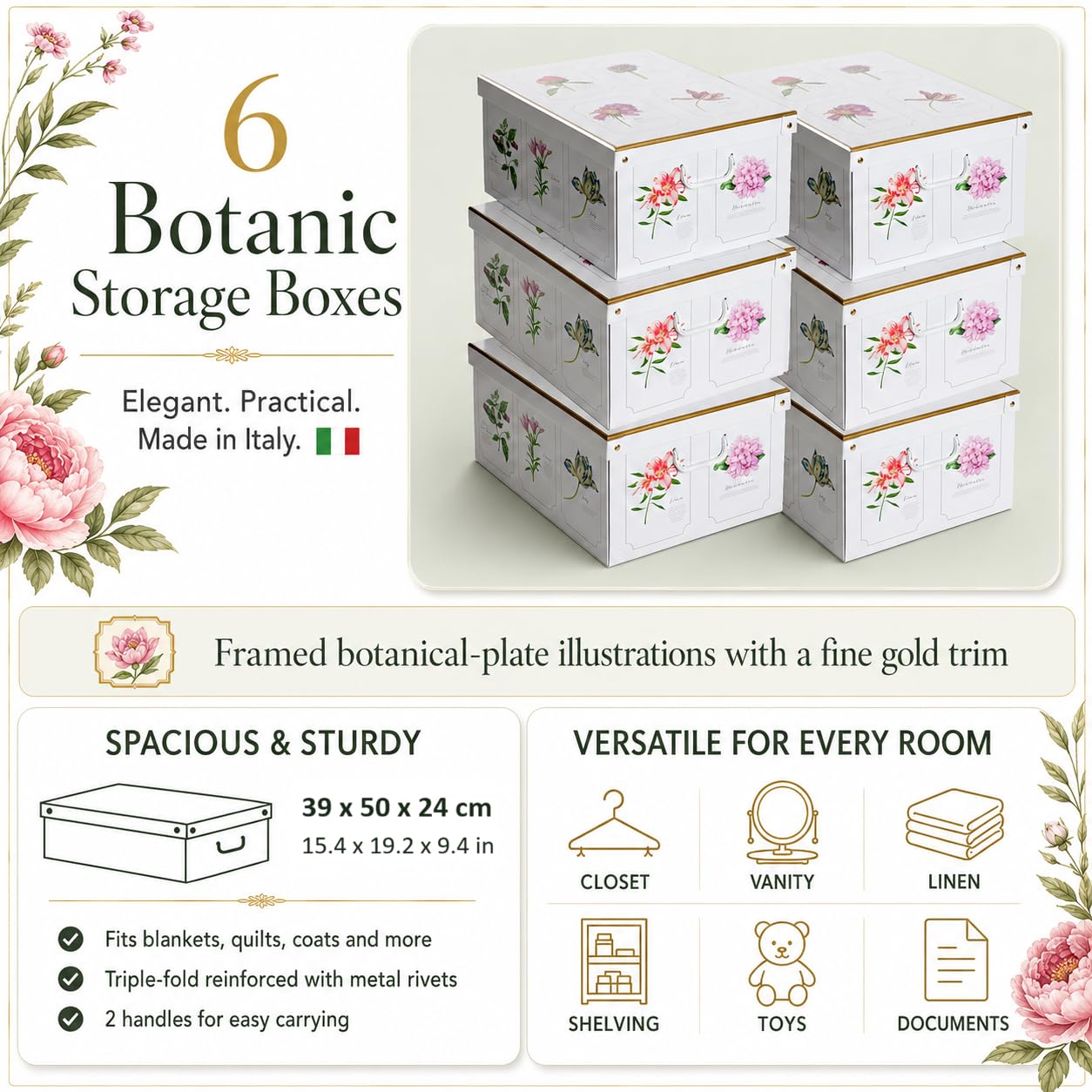 Lavatelli Set of 6 Cardboard Storage Boxes with Lid Botanic 39x50x24cm