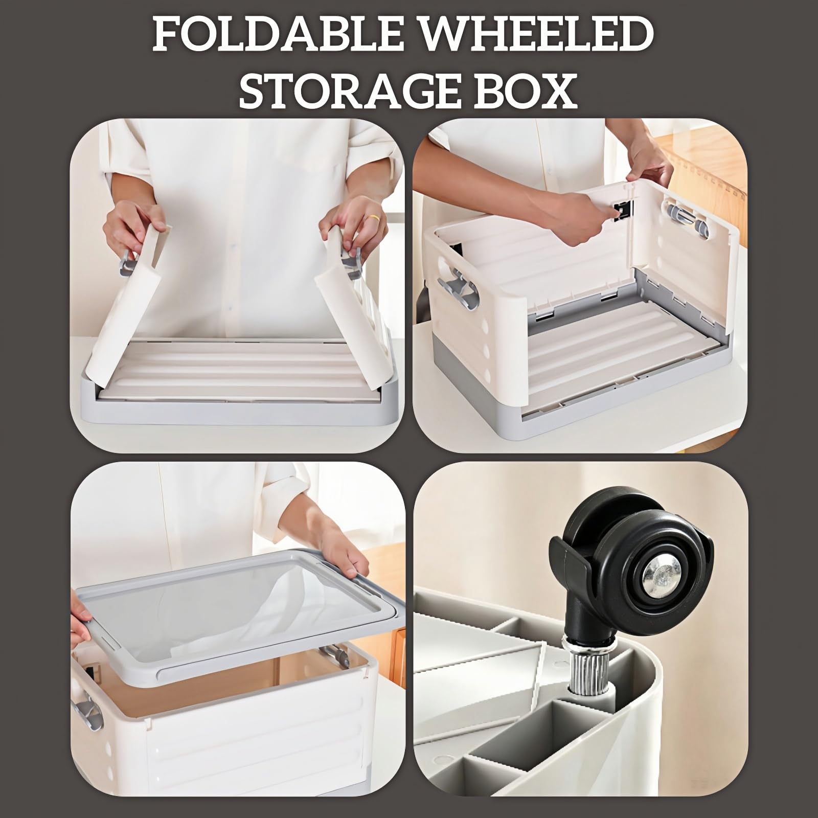 40L Foldable Storage Box with Wheels Heavy Duty Storage Trunk Organiser with Lid 360° Rotating Wheels & Fixed Handle