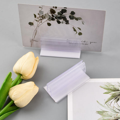 WANDIC 10pcs Acrylic Panels Holder, 2.95”*1.57”*1.18” Self Adhesive Sneeze Guard Holder with White Foam Tape Acrylic Stand for Cards Photos Display