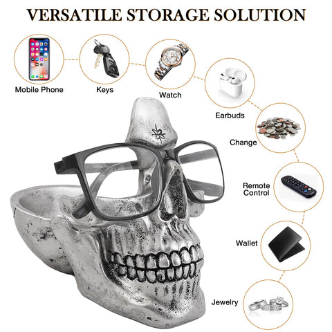 VIPbuy Skull Glasses Holder Stand, Novelty Eyeglass Holder Rack with Storage Tray for Nightstand