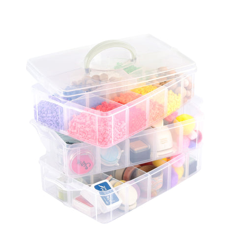 Vaessen Creative Plastic Storage Box with Lid 25x16,5x18,5cm - 3 Layers and 30 Adjustable Compartments of 5 x 8 x 5,5cm - Clear Organiser for Sewing