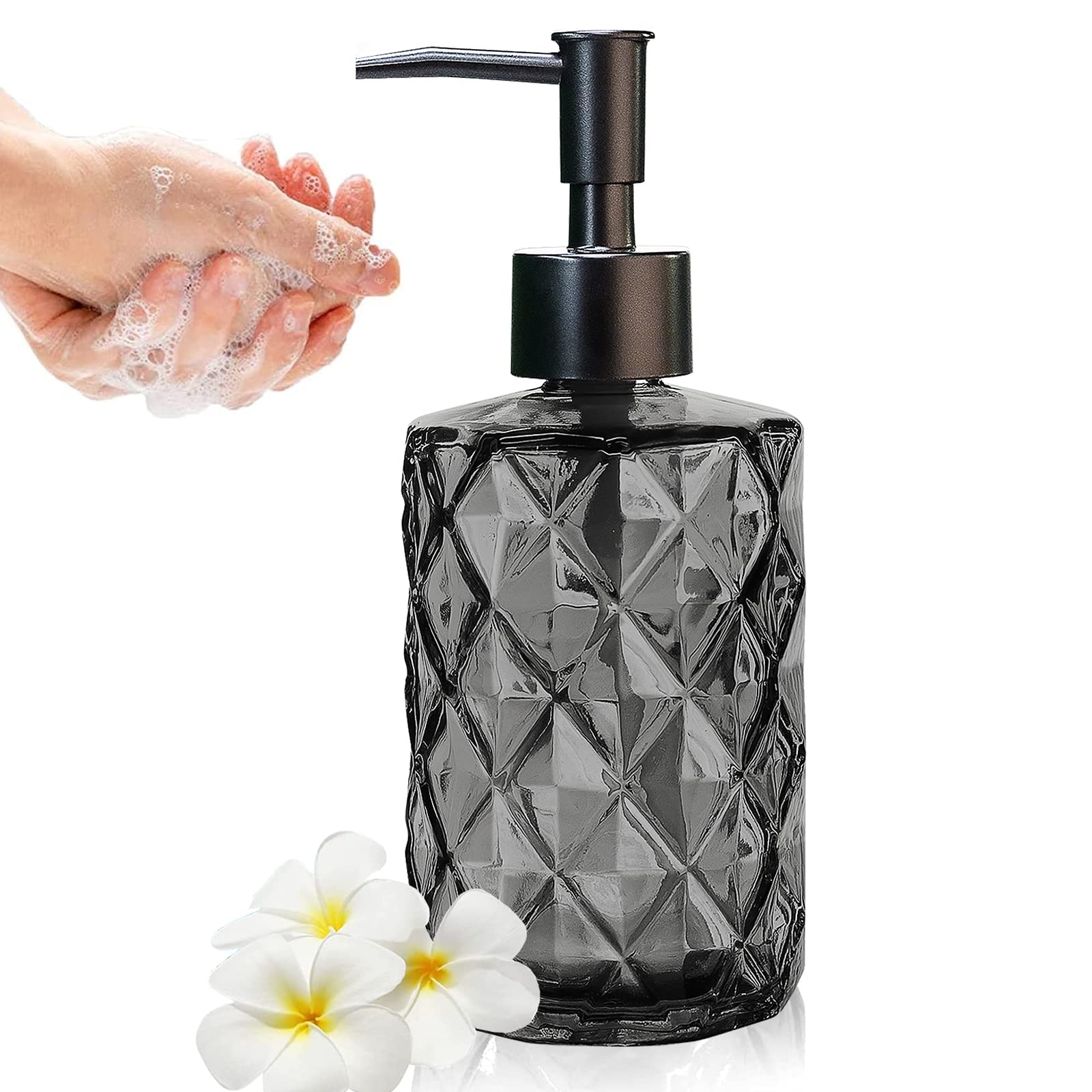 Glass Soap Dispenser, 330ml Refillable Glass Bottle with Rust-Proof Plastic Pump Head for Bathroom, Mordern Design