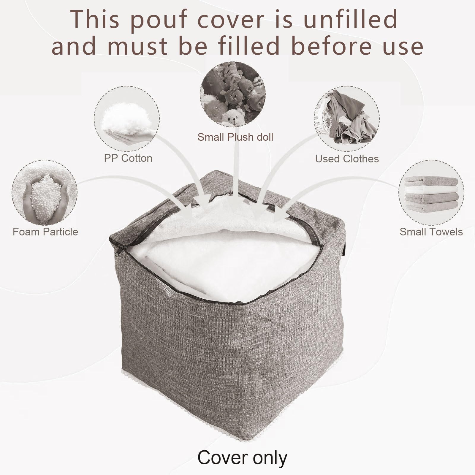 Louis Donné UNSTUFFED 15 Inch Square Ottoman Pouf Cover Soft Handwoven, Removable Washable Foot Rest Footstool for Bedroom Living Room NOLY COVER