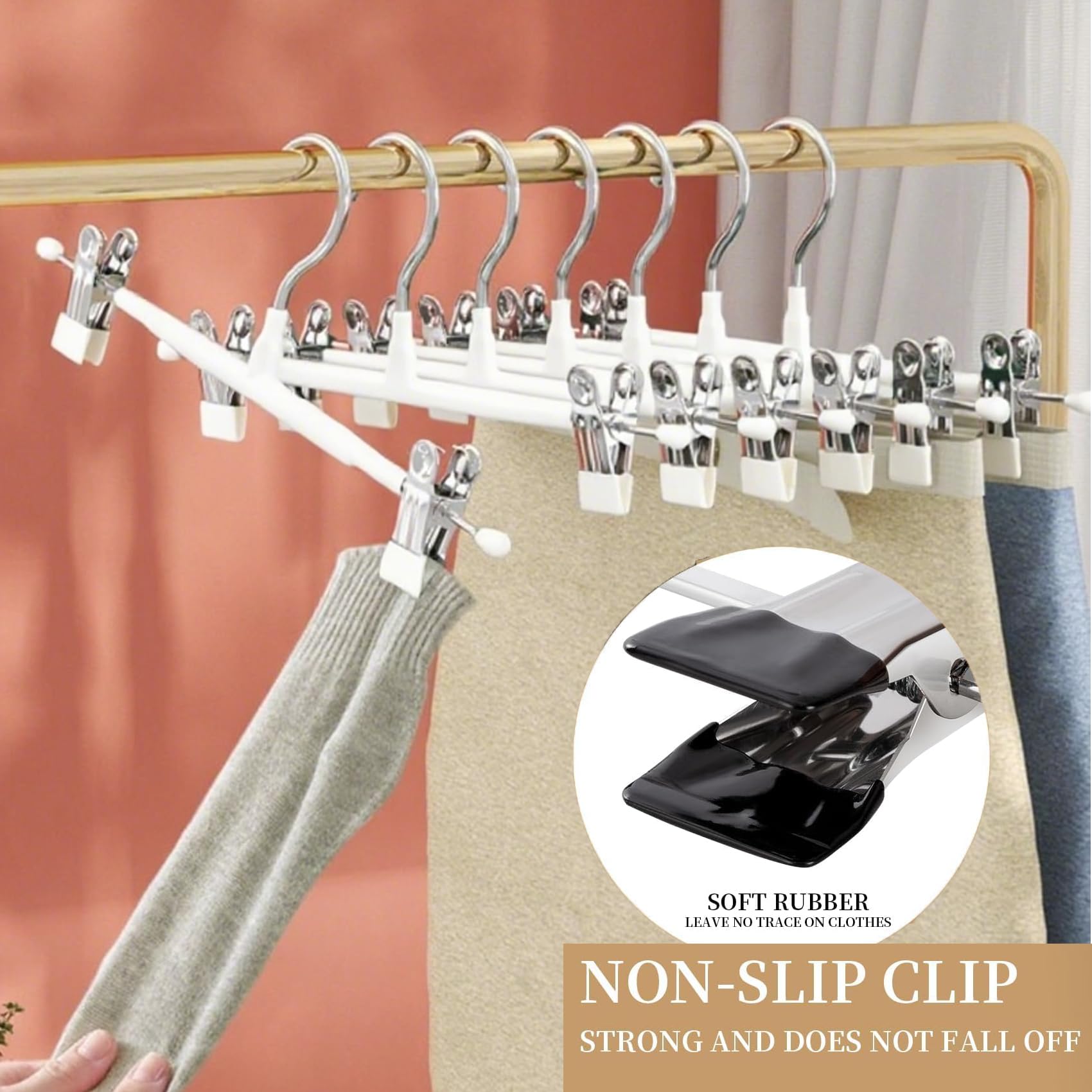 10Pack Trouser Hangers -Skirt Hangers with Adjustable Non Slip Clips Strong Chrome- Space Saving Pant Hangers,Heavy Duty Metal Hangers for Shorts