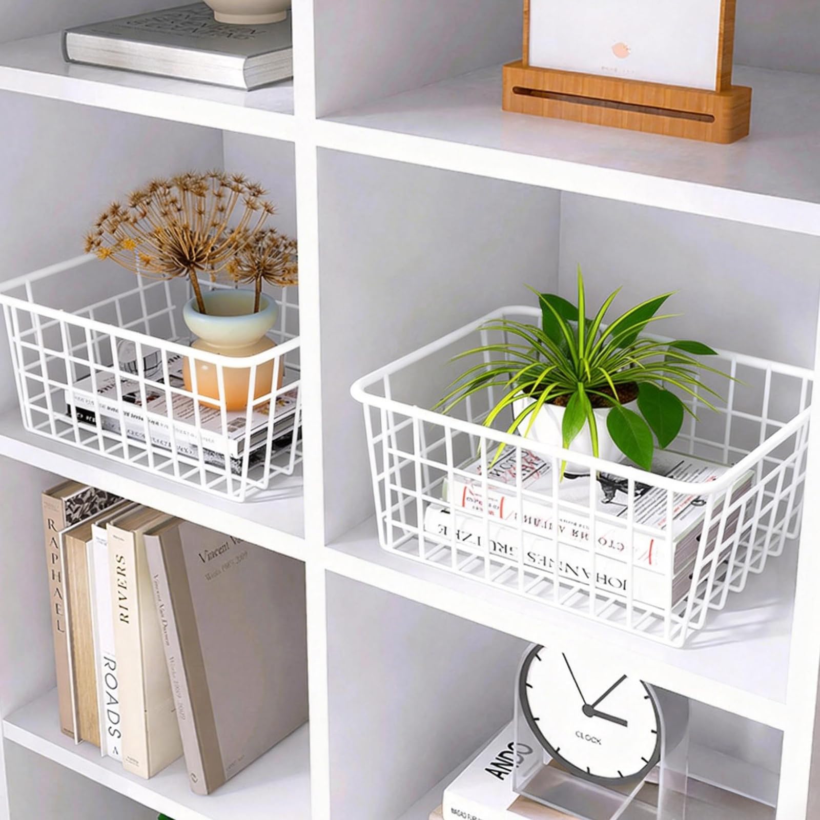 Hniuyun 6 Pack White Wire Basket, Countertop Organizer for Kitchen Cabinets, Metal Storage Baskets for Garage, Refridge, Bedroom, Bathroom, Laundry