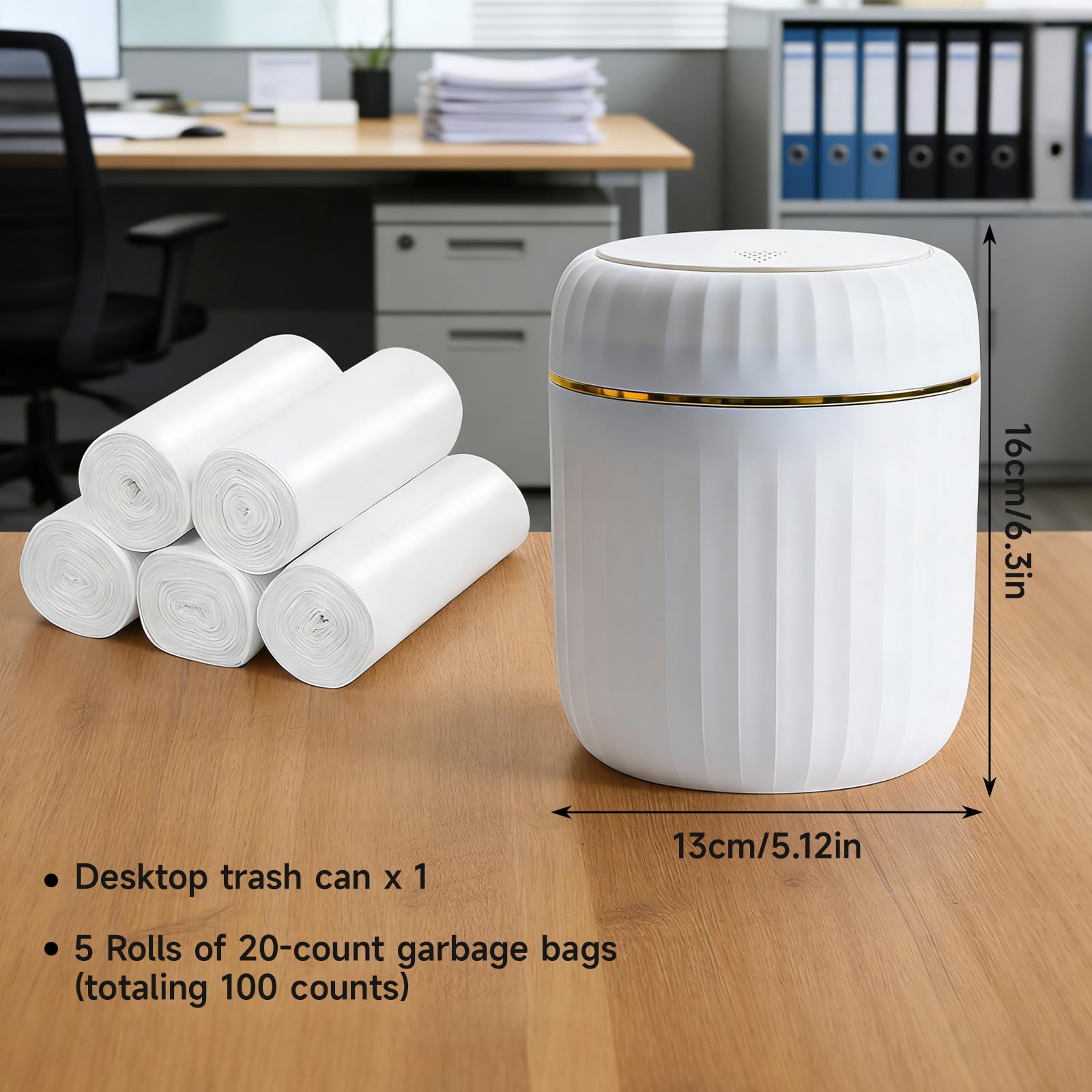 Mini Desk Bin with Press-Top Lid - Small Trash Can for Home Office Car Bathroom Living Room, White, 100 Garbage Bags Included