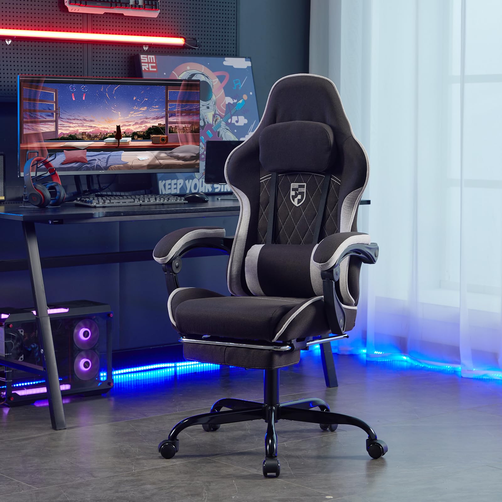 NIONIK Gaming Chair with Footrest and Massage Lumbar Cushion, Ergonomic Computer Chair with 135° Recline, Breathable Fabric, Headrest and 360° Swivel