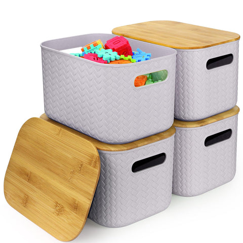 RWFMO 4 Pcs Plastic Purple Storage Baskets with Bamboo Lid for Bathroom