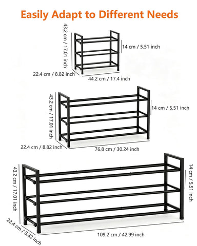 Anhow Extendable Shoe Rack, 3 Tier Adjustable Shoe Storage, 44 to 109 cm, Black Metal Free Standing Shoe Rack, Space Saving for Wardrobe, Closet