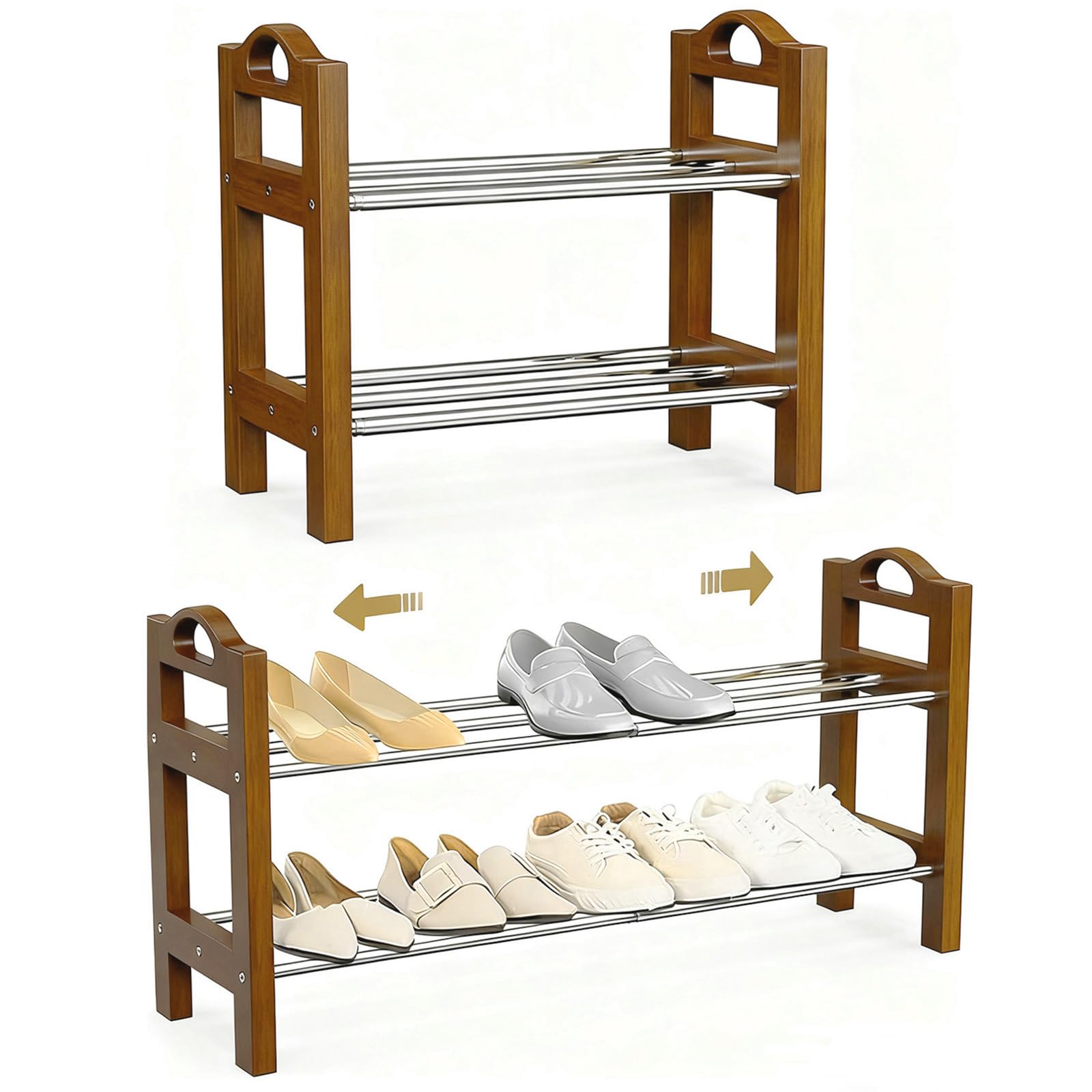 LEMIKKLE Shoe Rack, Oak Wooden Shoe Storage Rack, 2 Tier Stainless Steel Expandable Design, Ideal for Small Shoe Rack for Narrow Space