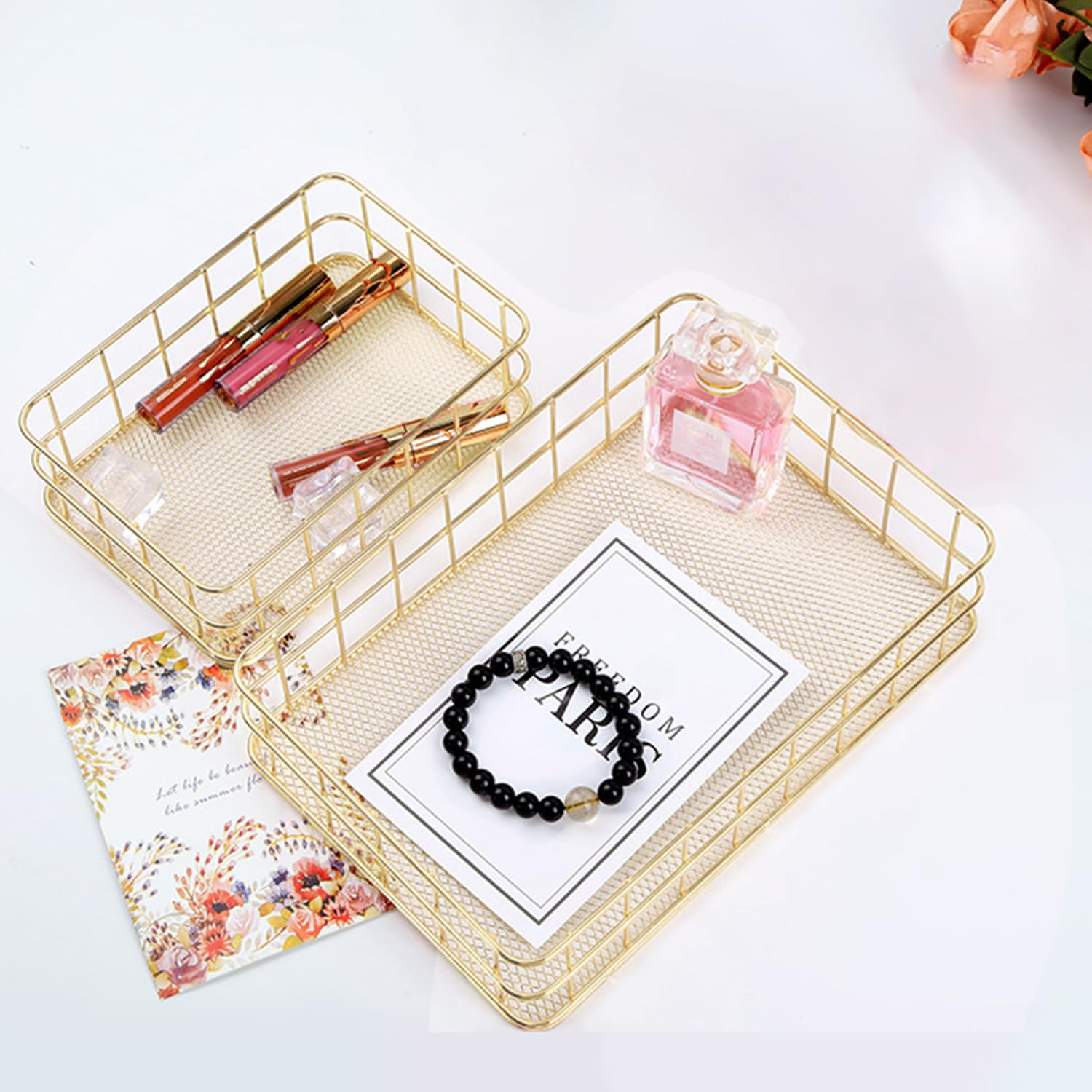 Hapivida Wire Storage Basket, 17x12x6cm Golden Desktop Metal Storage Basket Iron Grid Storage Tray Net Organizer Bins for Kitchen, Pantry, Bathroom