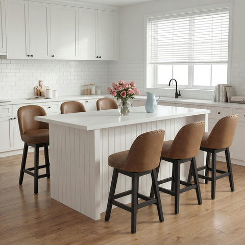 Bar Stools Set of 6, 360° Swivel Counter Stools with Upholstered Seat, Wooden Frame & Nailhead Trim