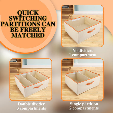 ASelected Large set of 2 storage boxes 50 x 40 x 20 CM Cupboard organiser with leather handle and divider Fabric storage box Foldable for wardrobe