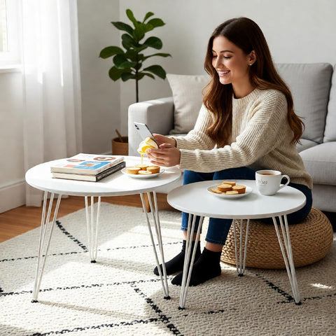 ZOYIZEN Round Coffee Table Set of 2, Φ 50 cm and Φ 40 cm, White