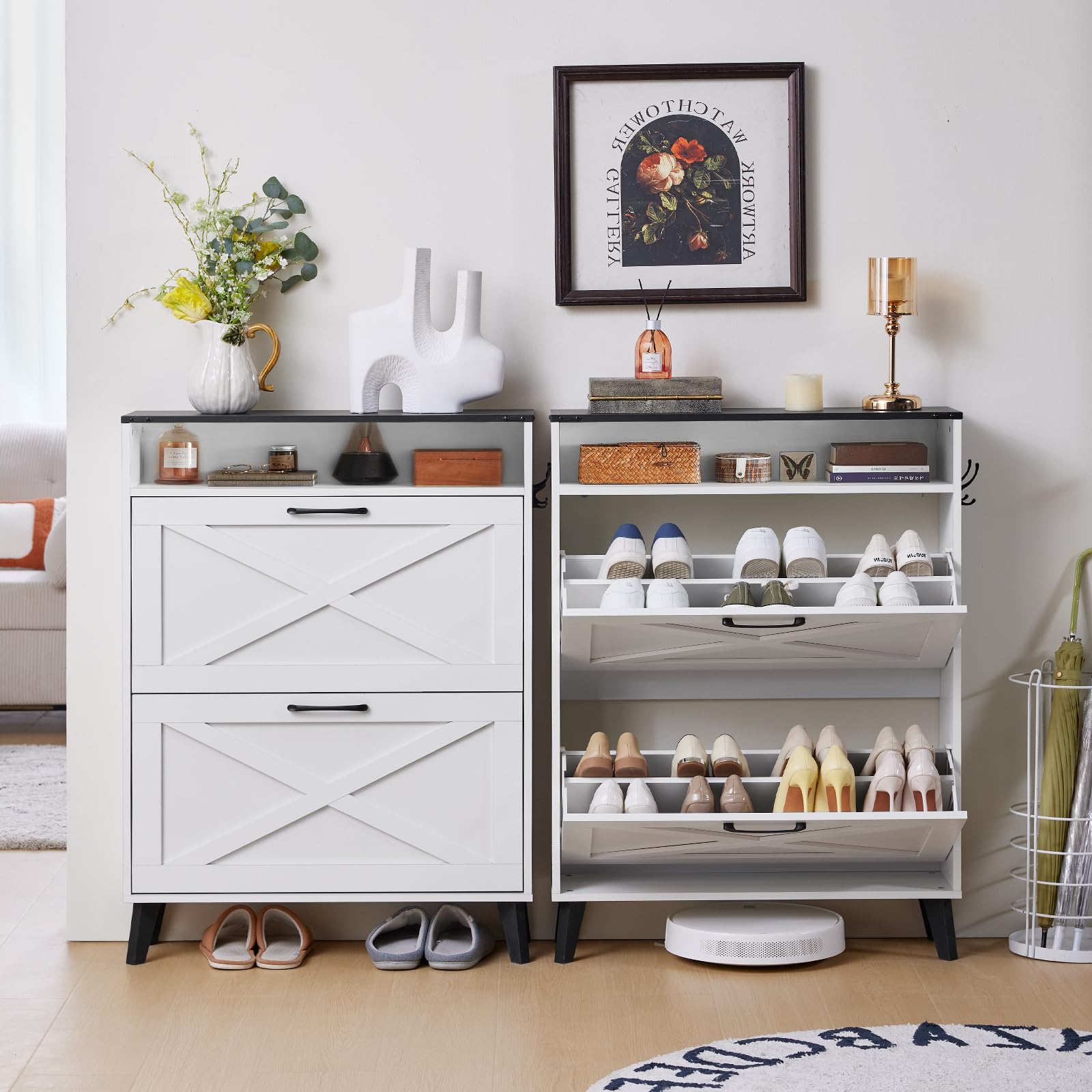 LELELINKY Hidden Slim Narrow Shoe Storage with 2 Flip Drawers, White