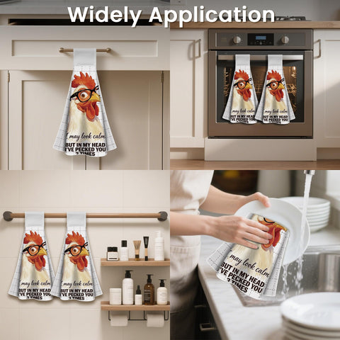 CUTHOLLOW 2 Pcs Funny Rooster Hanging Kitchen Towels with Loop