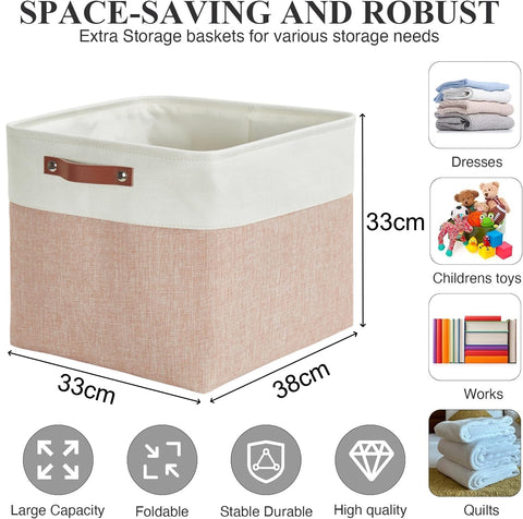 Mangata Collapsible Storage Cube Boxes, 33x38x33CM Linen Woven Fabric Storage Baskets with Leather Handles 3PCS(Pink and White)
