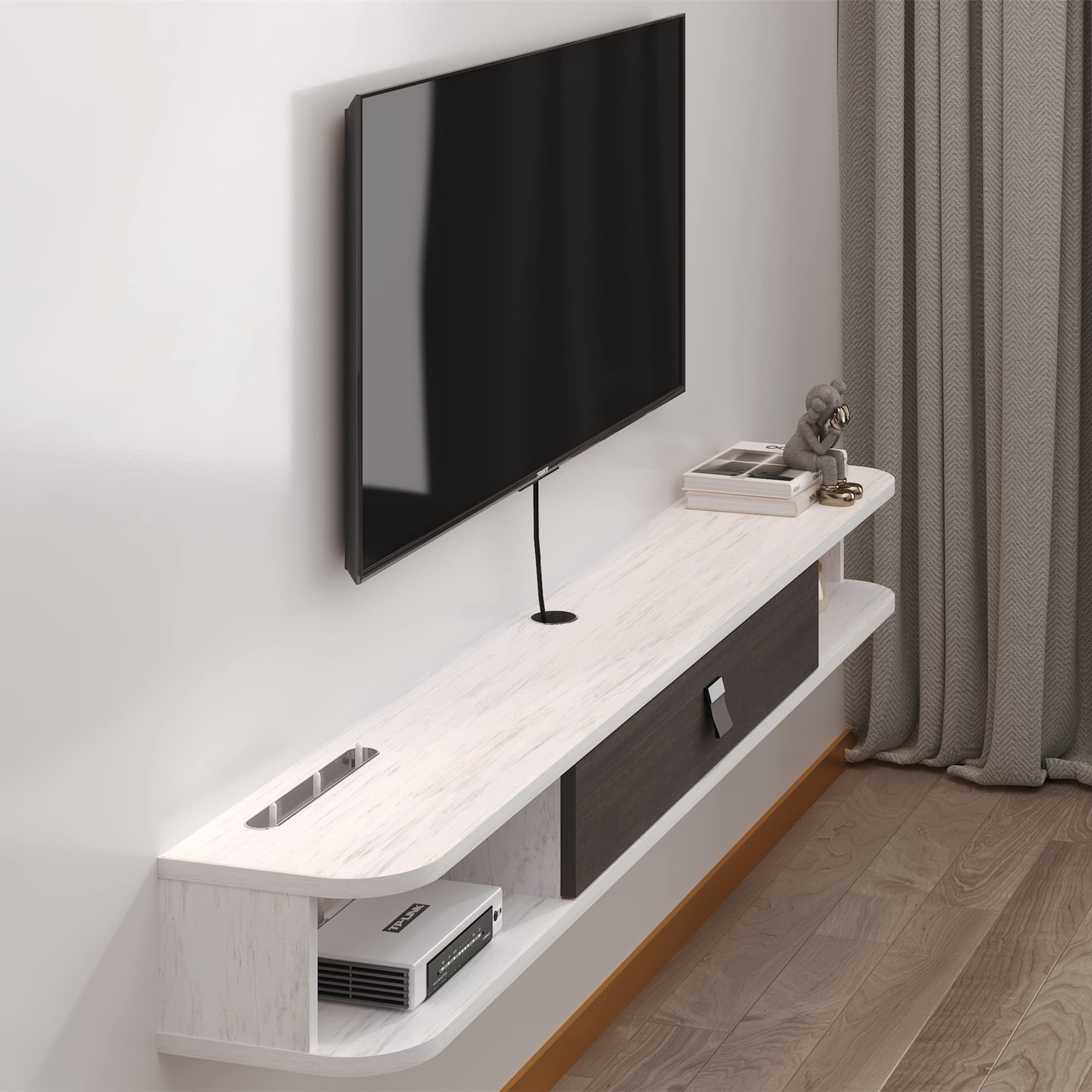 Pmnianhua Floating TV Unit, Wall Mounted TV Cabinet, Floating Shelves with Door, Modern Entertainment Media Console Center Large Storage TV Bench for