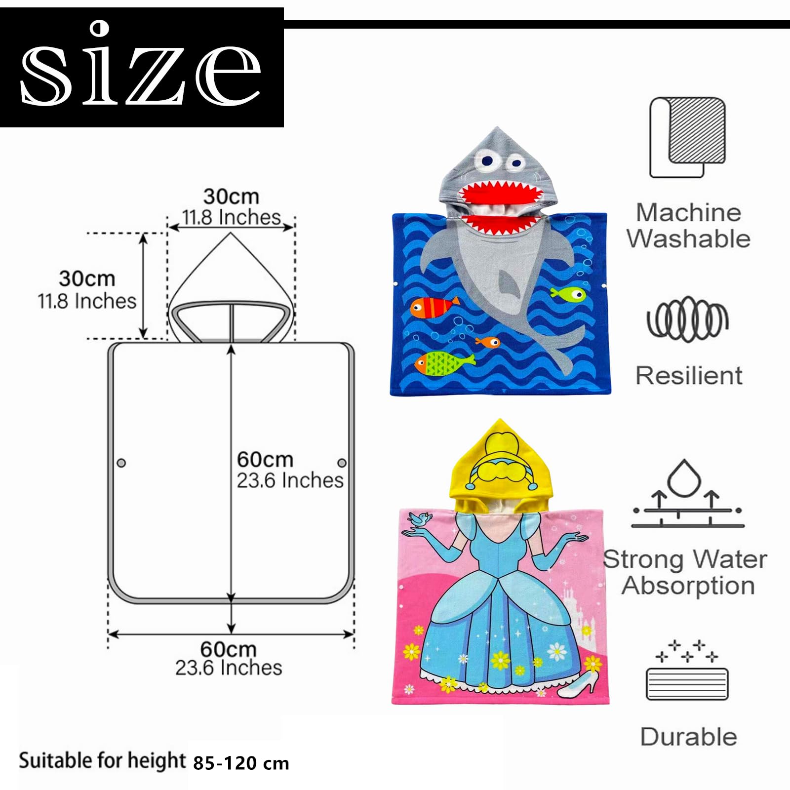 Kids Hooded Poncho Towels Blue Shark Beach Towel with Hooded for Boys,60*90cm Bath Towel Poncho Beach Changing Robe for 5-7 th Old Boys,Polyester