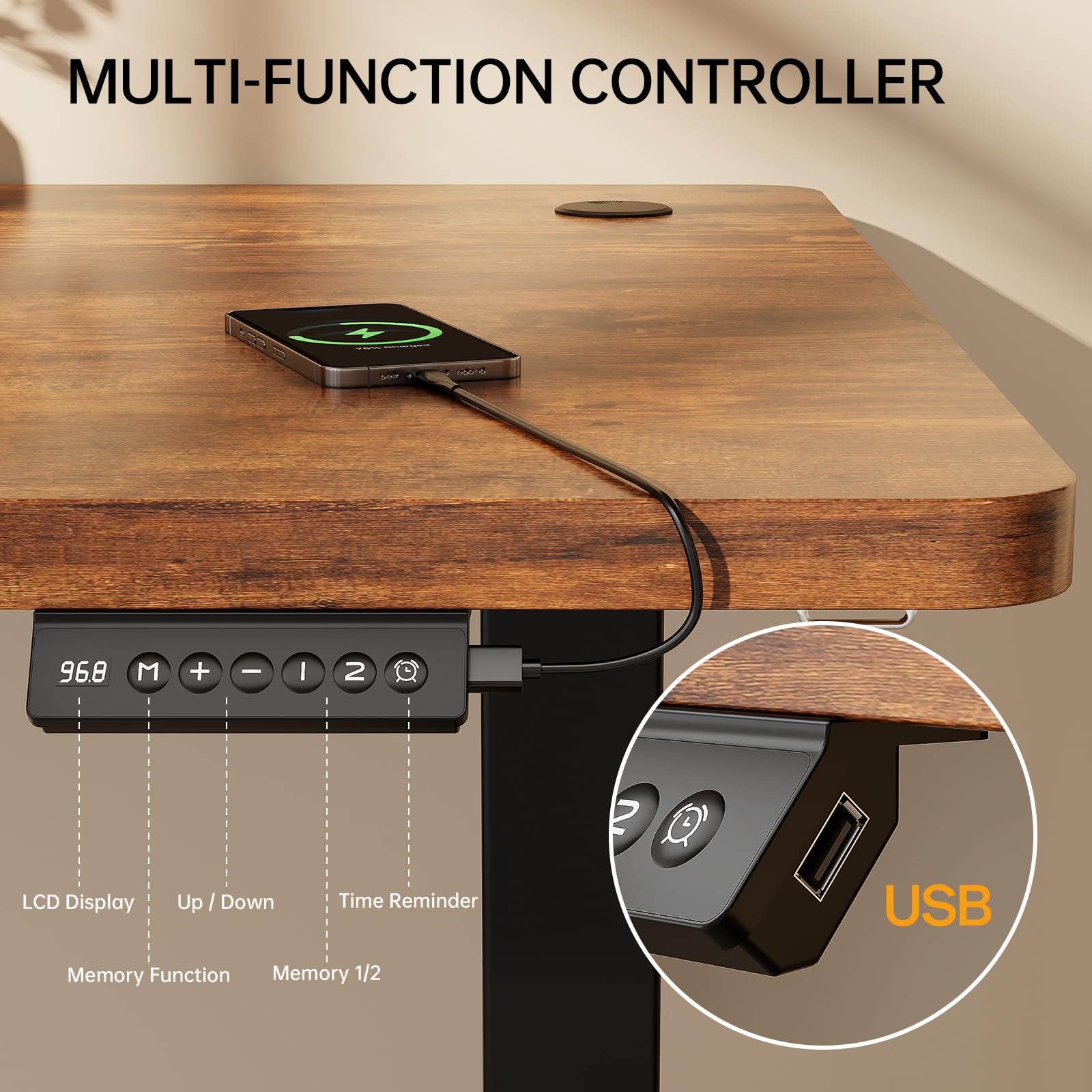 Homall Electric Height Adjustable Desk, Adjustable Height Office Desk with USB Ports, 160x70cm, Home Office with Splice Board, Rustic Brown