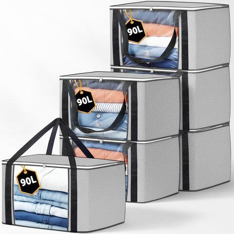 KURNI Storage Bags | Clothes Organizer Boxes, Foldable 6 Pack Grey, 90L Capacity, 3 Sided Zipper Moving Large Bag. Dust & Moisture Proof
