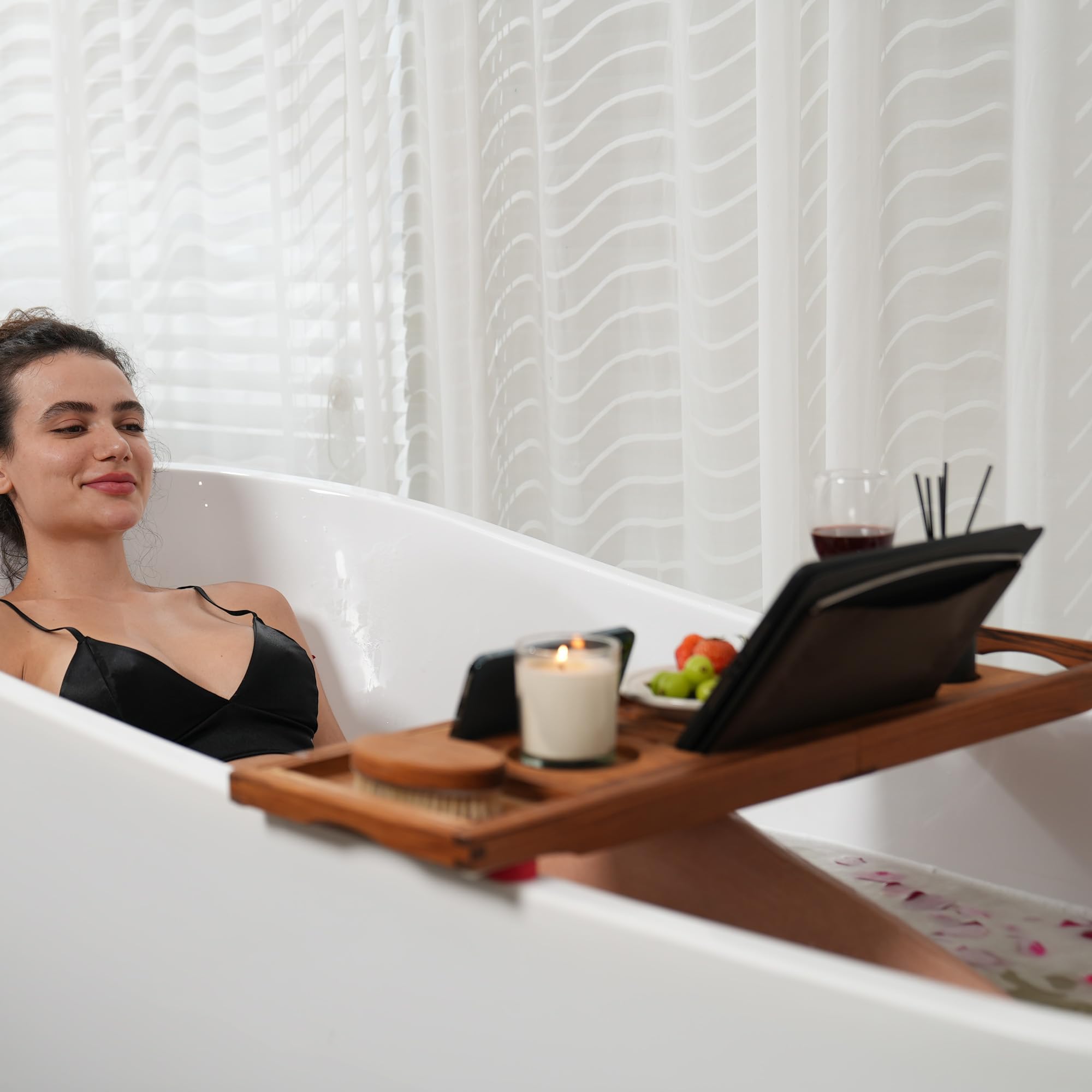 Utoplike Teak Wood Adjustable Bath Tray for Bathtub