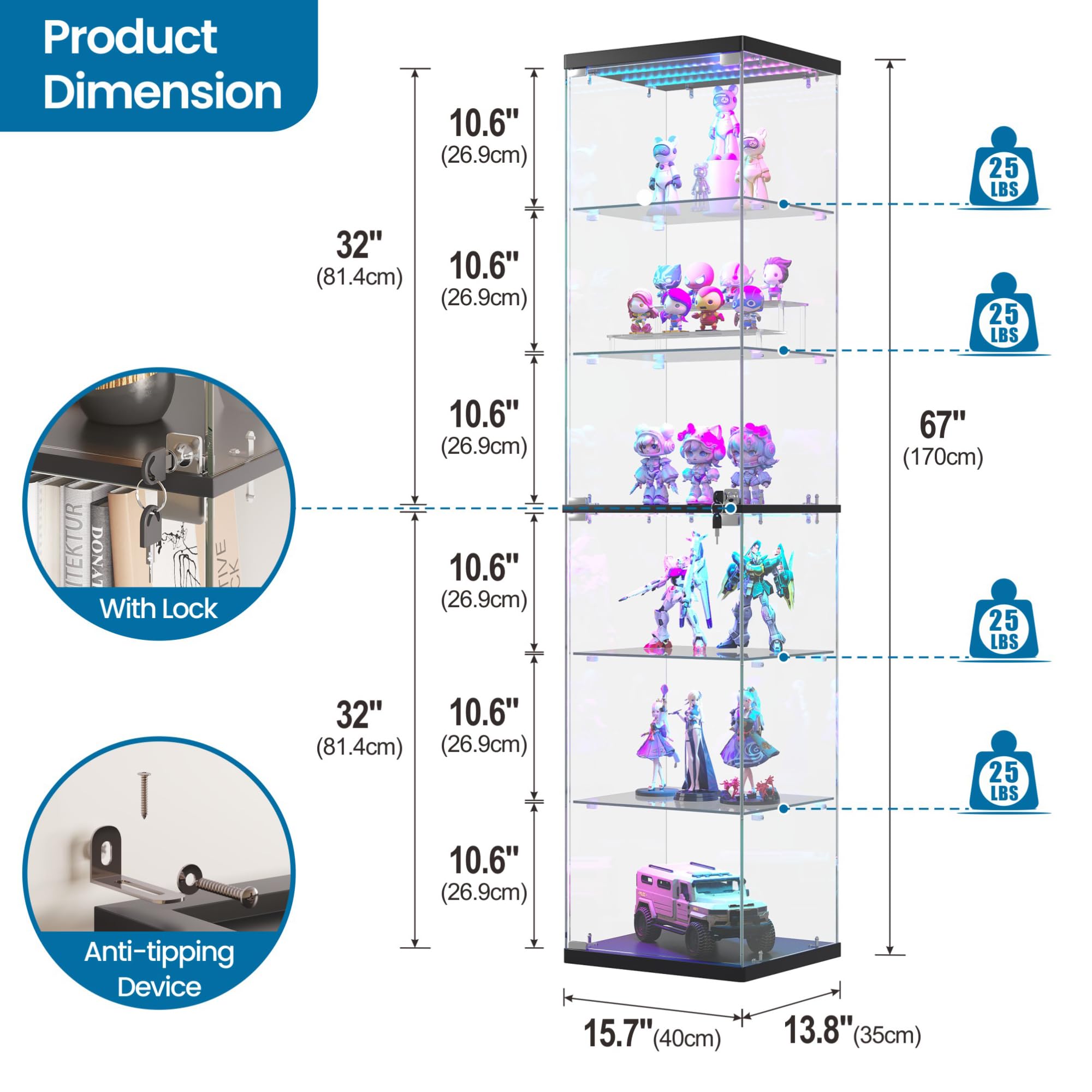 FREDEES Display Cabinet with RGB Lights and Glass Door, 6-Tier, Black