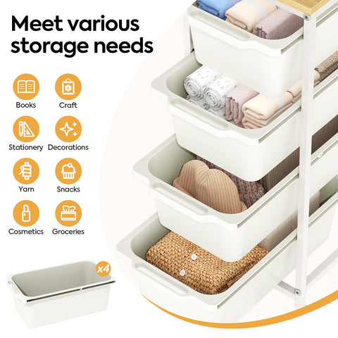 KINGBOARD 4 Drawers Storage Trolley on Wheels, White
