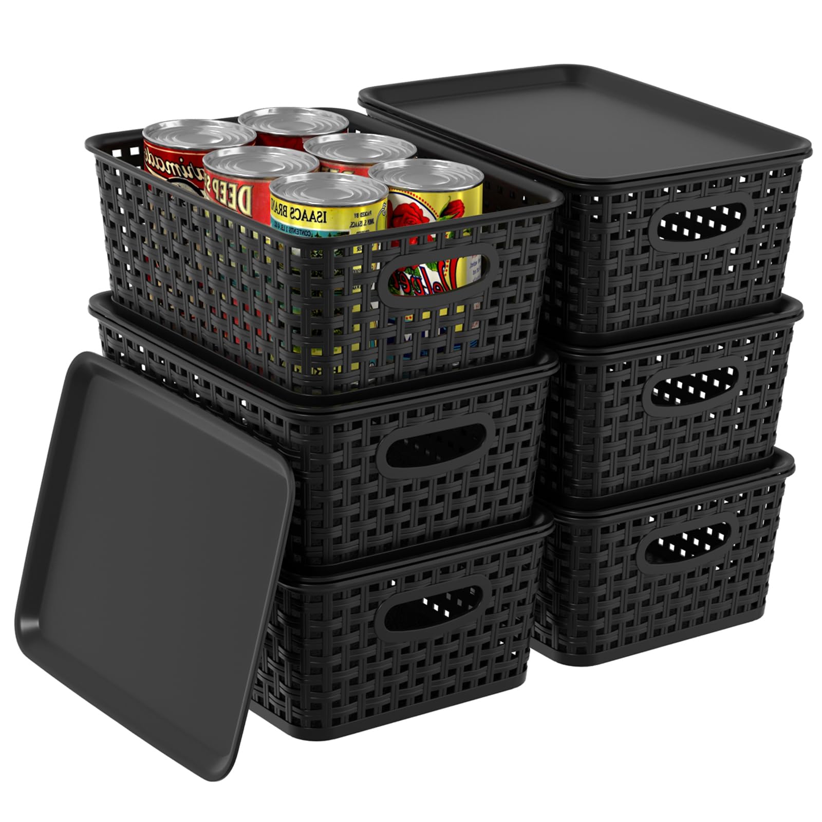 Wakikini Woven Plastic Storage Baskets with Lids, Small Weave Bins, Black