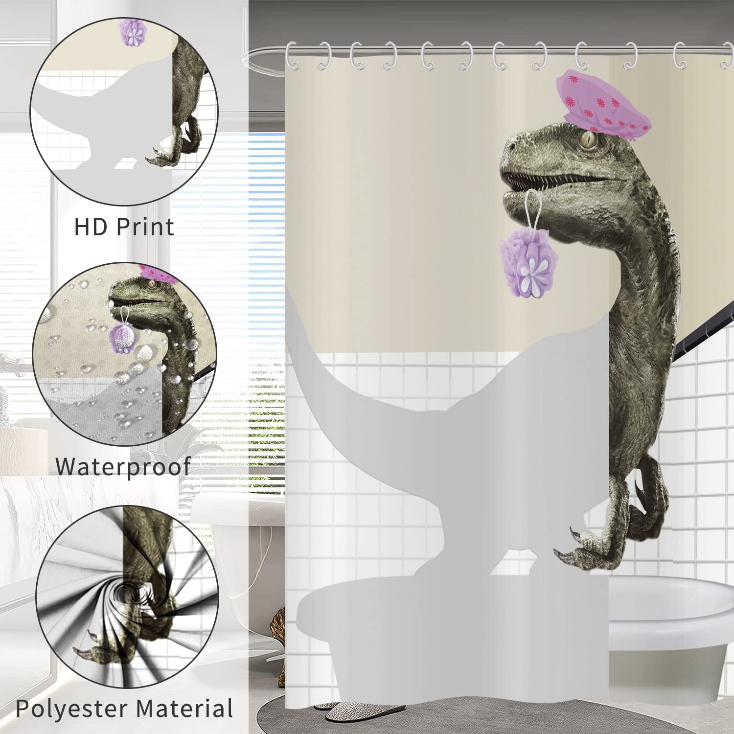Hnmdmyi Funny Dinosaur Shower Curtain 90x180, Cute Bathing Dino Raptor Kids Bathroom Curtains Cartoon Animal Children Creative Modern Waterproof