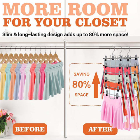 ABCHCHS Pants Hangers with Clips - Space Saving Hanging Closet Organizer and Storage - 6 Tiers Skirt Hangers with 360° Swivel Hook
