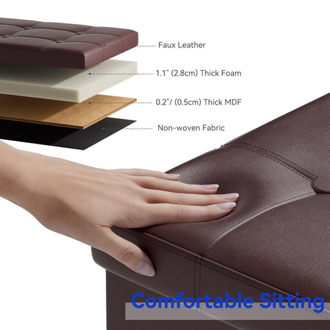 BRIAN & DANY Folding Ottoman Bench Storage Box with Lid, Large Storage Seat Faux Leather Footstool Toy Storage Box, Brown, 80 x 40 x 40 cm
