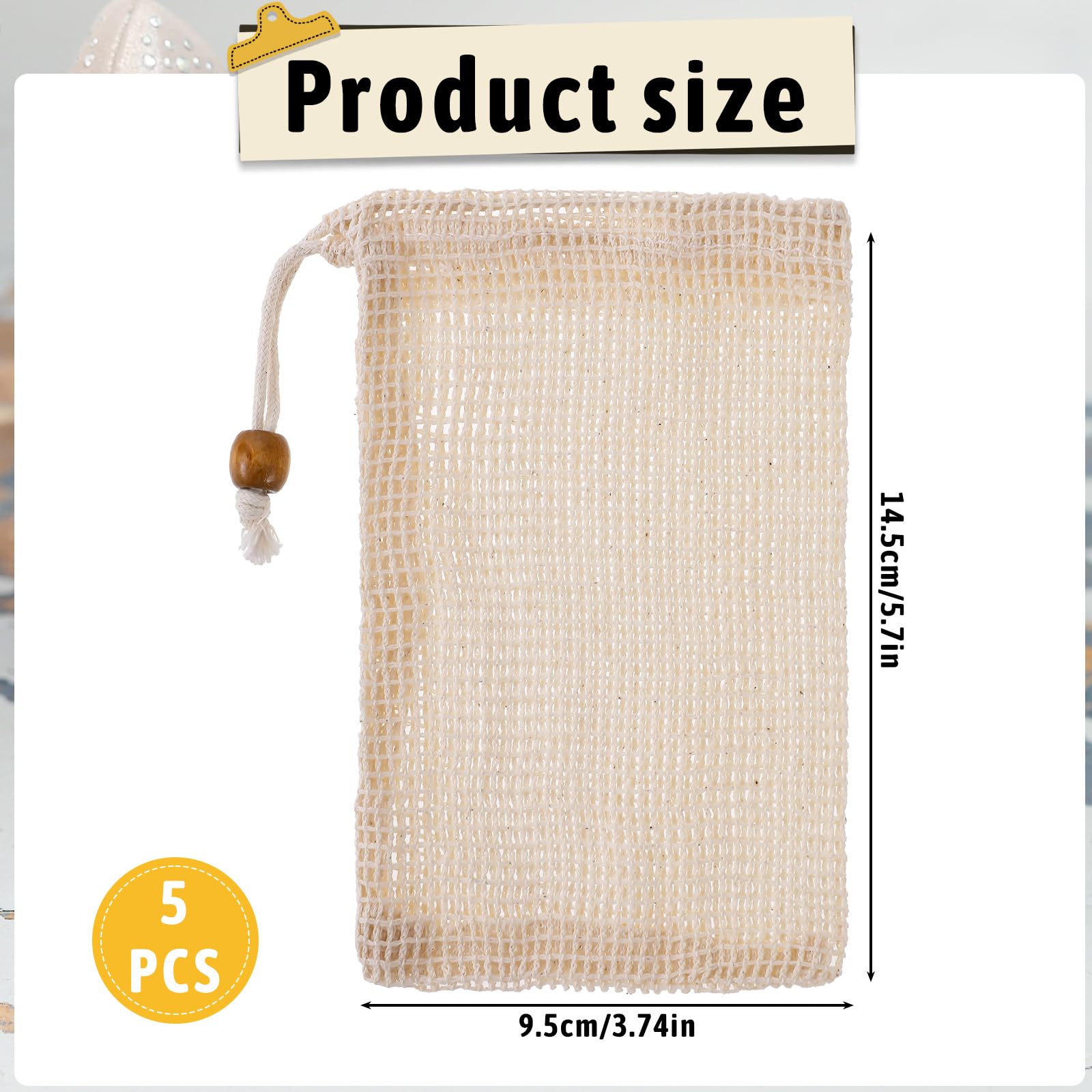 5 Sisal Soap Bags - Natural Fiber Soap Savers with Drawstring for Bath & Shower